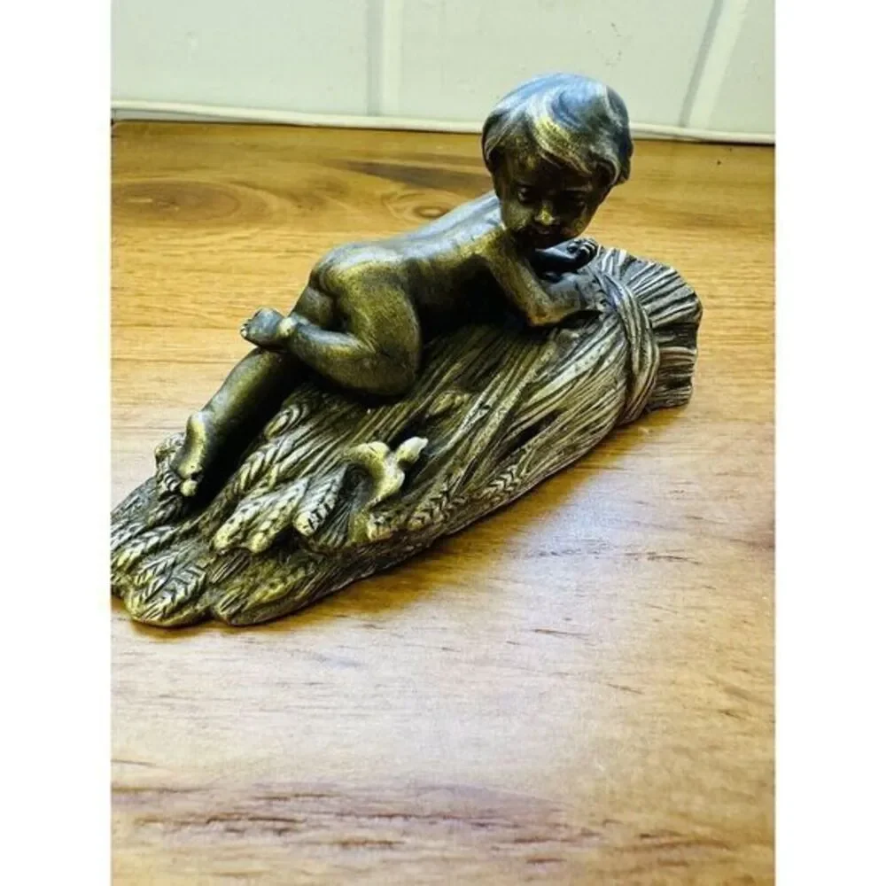 French Bronze and Gilt Metal Box Child & Bird On Wheat Bundle‎ Vintage
